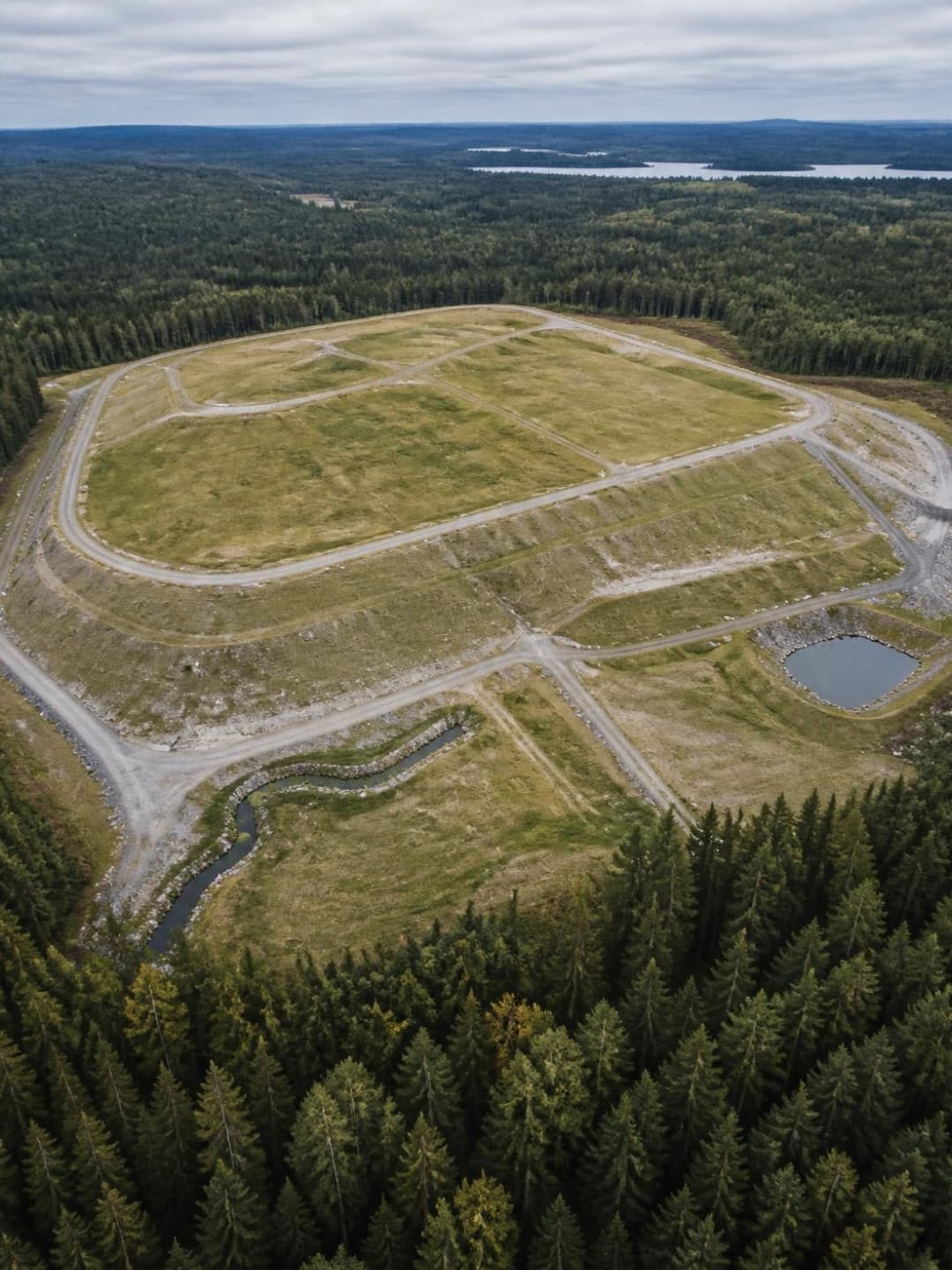 Övertäckt deponi med grusvägar och en liten damm, omgiven av skog