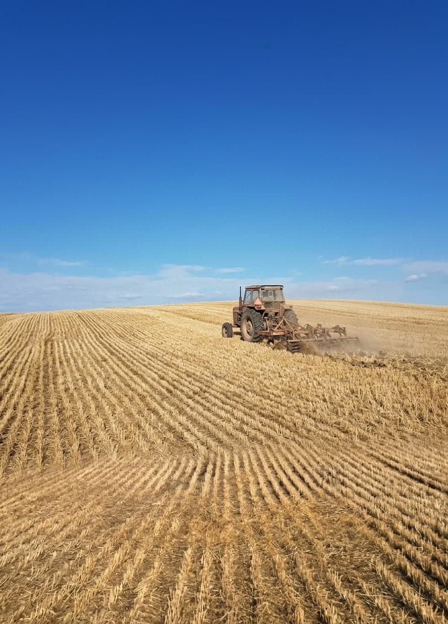 Traktor som harvar ett skördat fält under blå himmel