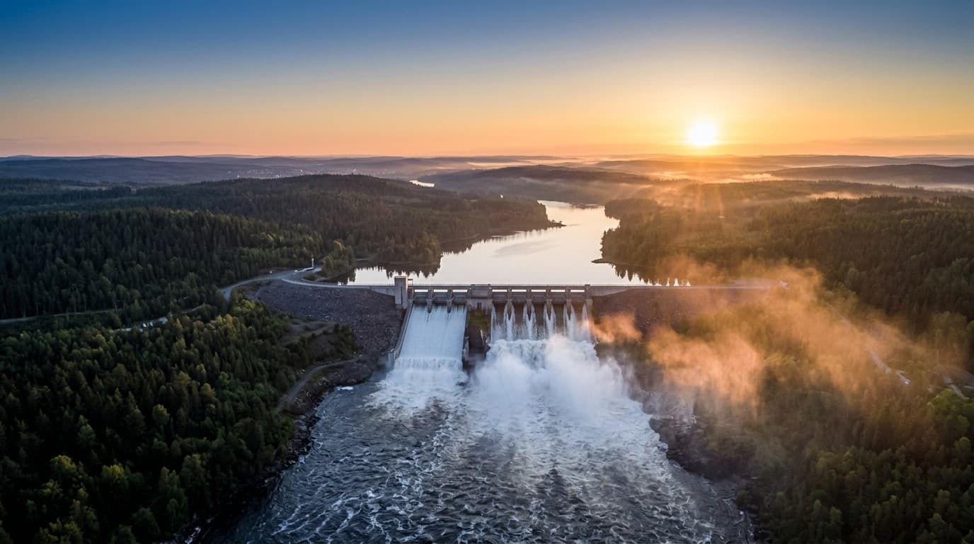 Vattenkraftverk med öppna dammluckor i en skogsklädd älvdal vid solnedgång, sett från luften
